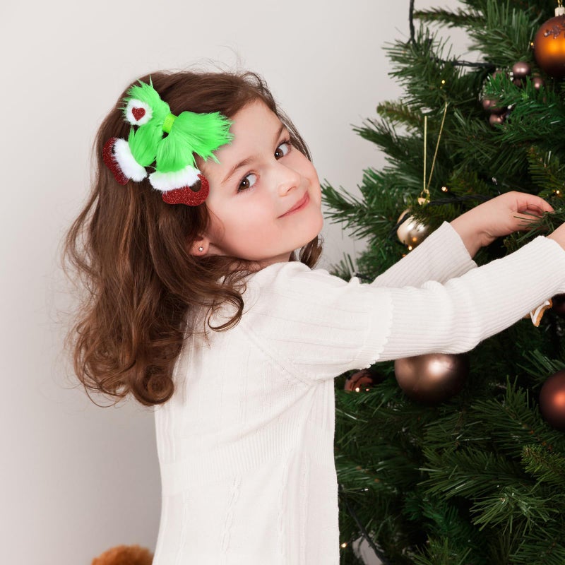 Miroksh Christmas Green Fur Hair Bows 2pcs 4in Holiday Costume Hairbow Alligator Clip with Glitter Heart for Girls Women Kids Xmas Party Dress Decor Accessories Stocking Stuffer Gift - Image 3